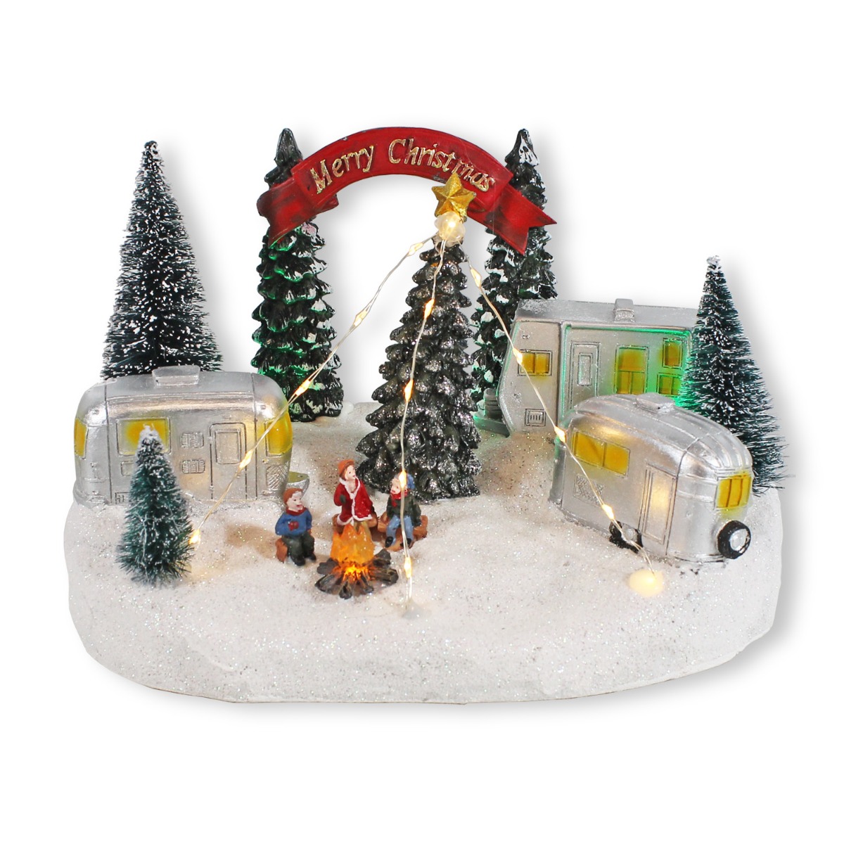 Weihnachtsstadt beleuchtet verschneites Weihnachtsdorf Weihnachtscamping